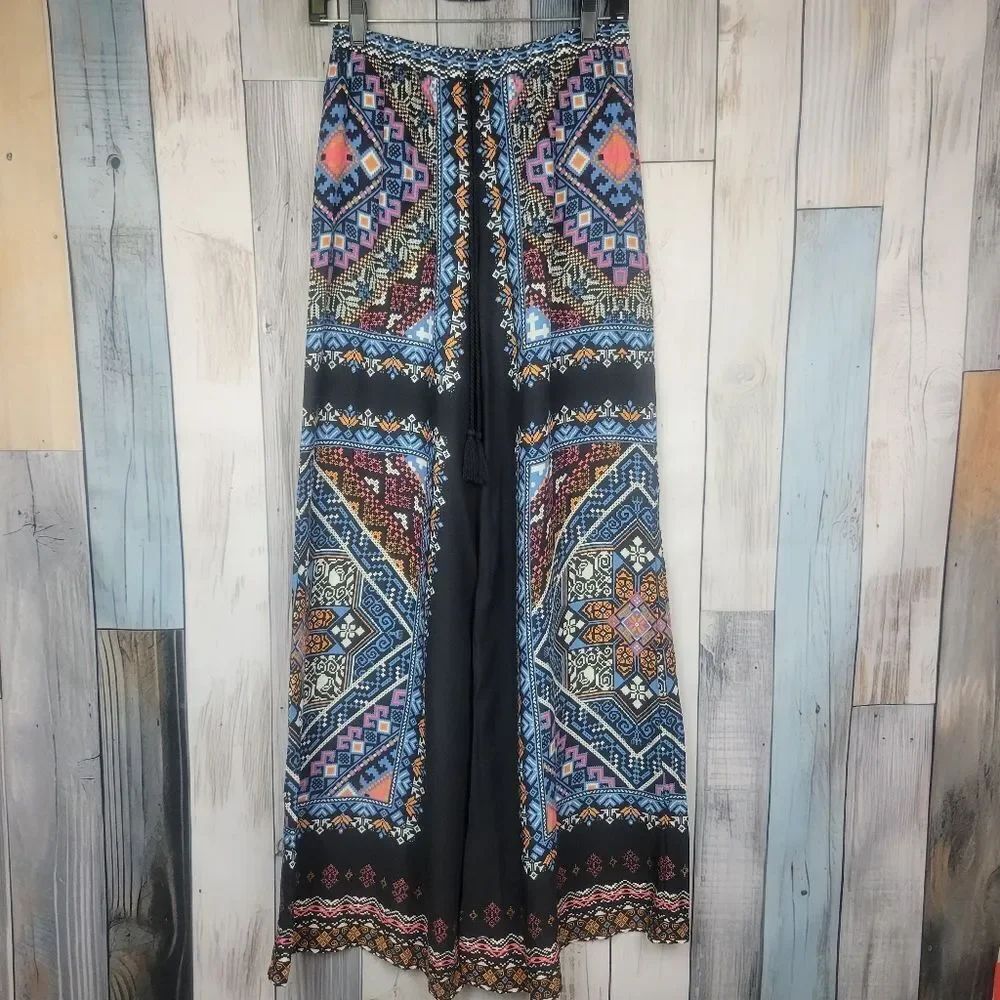 Flying Tomato Boho Palazzo Pants Black Geometric Print Size Medium